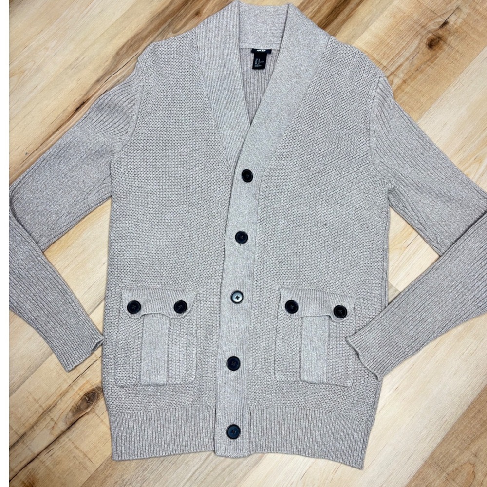HM Mens Shawl Collar Cardigan Sweater Beige Oatmeal Cotton‎ Knit Button Pocket M
